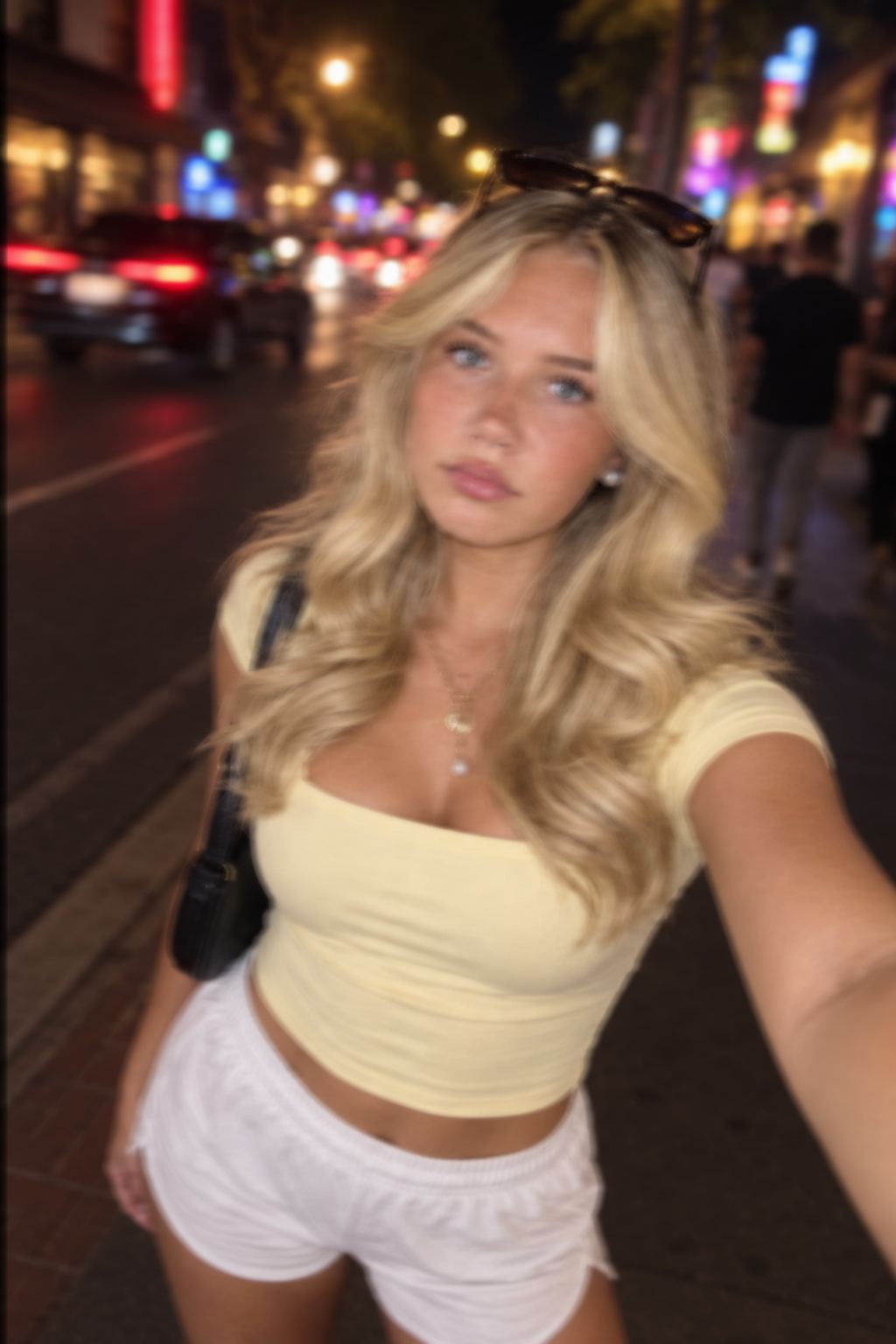 Blurry handheld street night photo before unblur, face smeared